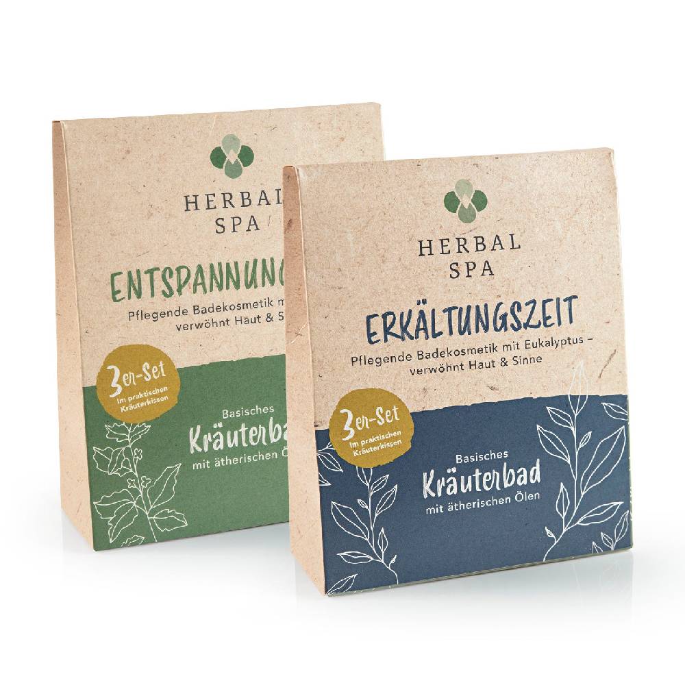 HERBAL SPA Basisches Kräuterbad mit ätherischen Ölen - Erkältungszeit & Entspannungszeit - 6er-Set (6x 100 g)