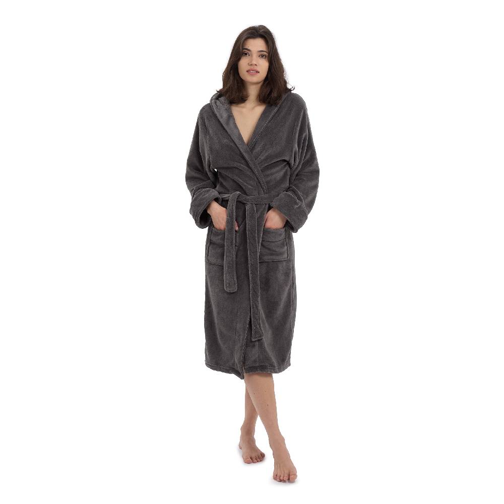 LUMALAND Luxury Mikrofaser Bademantel mit Kapuze für Damen und Herren - Grau - Größe M