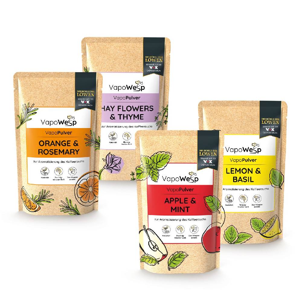 VapoWesp Pulver-Set Orange & Rosemary + Lemon & Basil + Hay Flowers & Thyme + Apple & Mint (je 100 g)