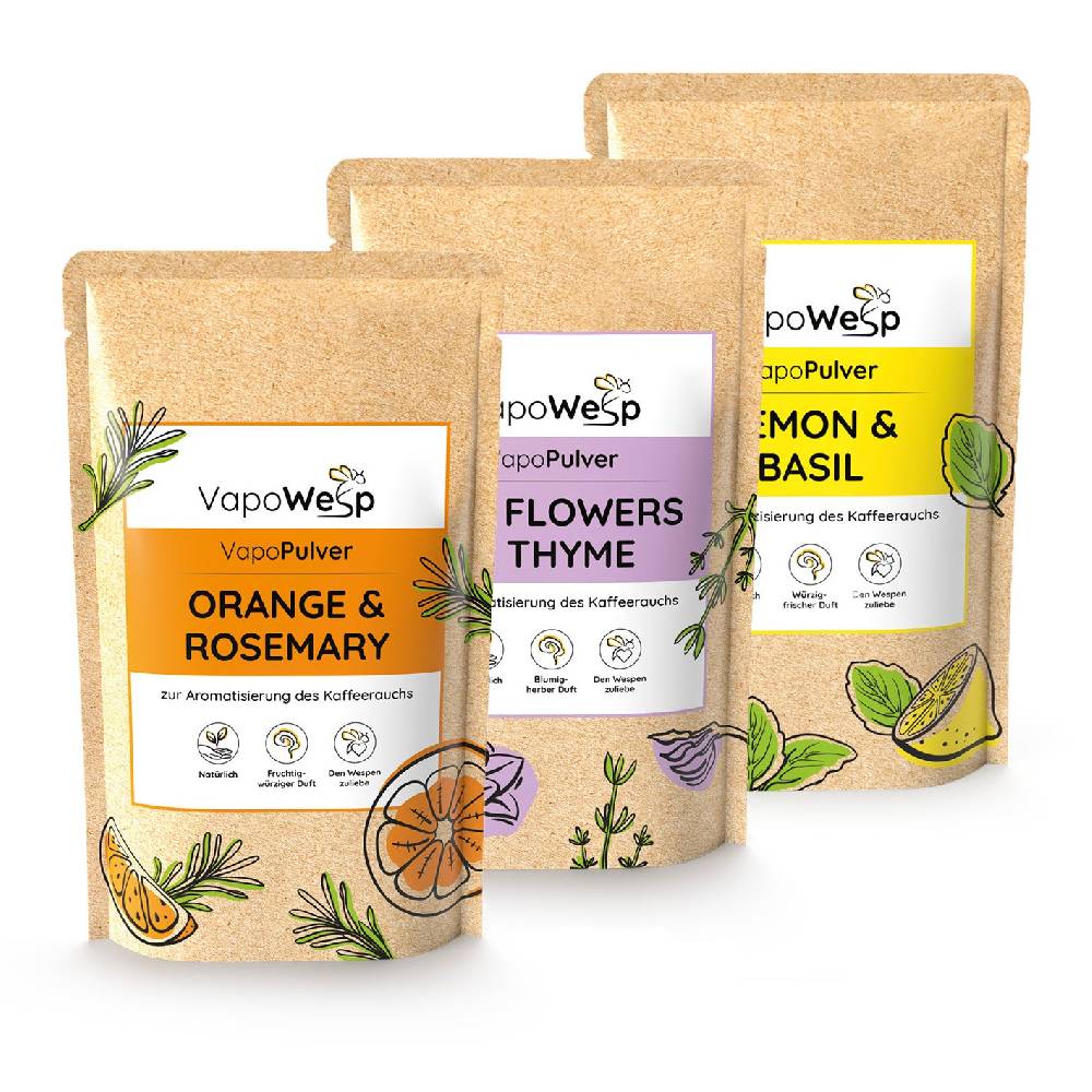 VapoWesp Pulver-Set Orange & Rosemary (100 g) + Lemon Basil (100 g) + Hay Flowers & Thyme (100 g)