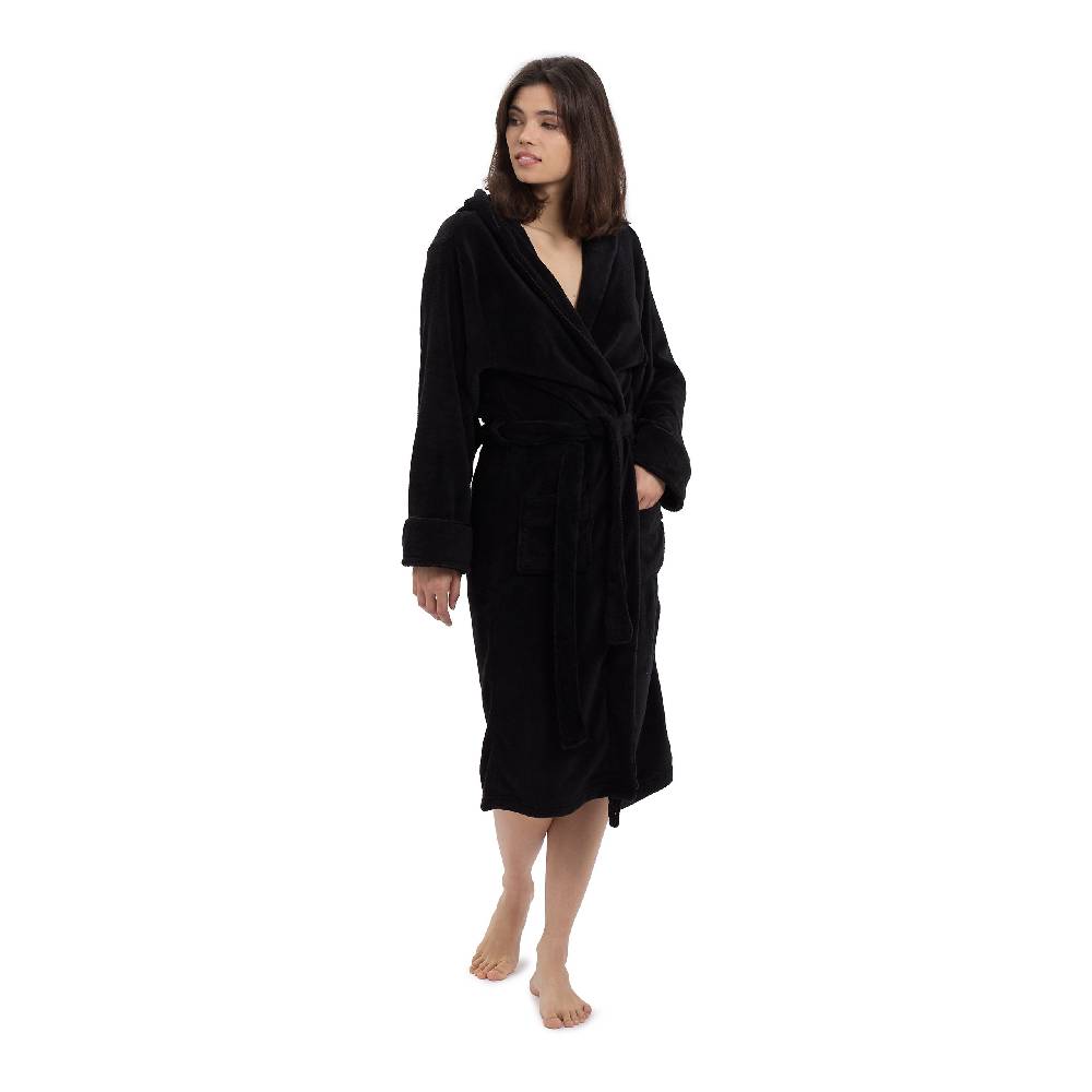 LUMALAND Luxury Mikrofaser Bademantel mit Kapuze für Damen und Herren - Schwarz - Größe M