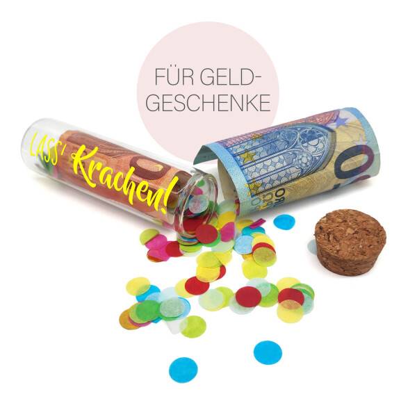 Mea Living Geldgeschenk Röhrchen "LASS' KRACHEN", Neon Gelb mit buntem Konfetti Riesige Rabatte