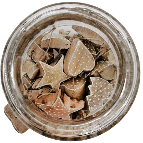 Mea Living Glas mit Holzanhängern klein 16x Stern, 16x Herz, 16x Baum, mit weißen Punkten Super Sparpreis