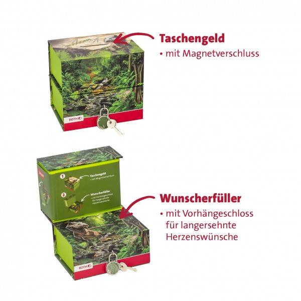 Roth Ideen Spardose mit 2 getrennten Boxen, mit Magnet und Vorhängeschloss, Tyrannosaurus Neuheiten