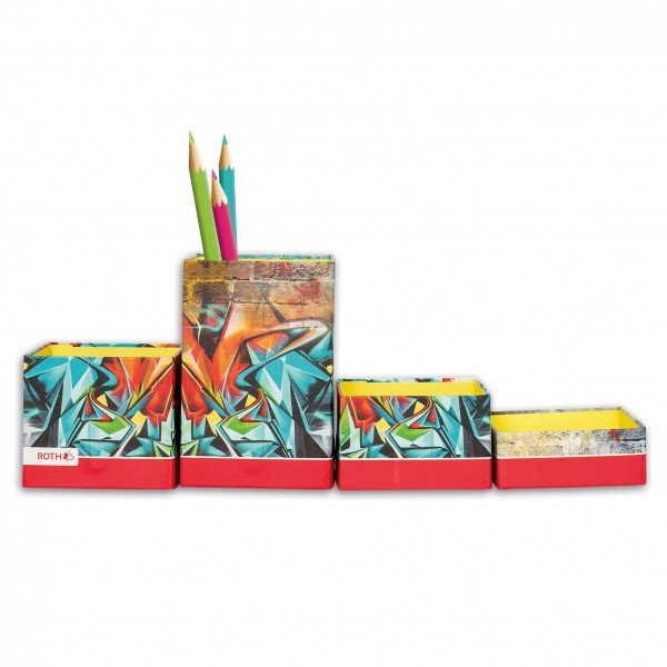 Roth Ideen Stifteköcher Set mit 4 faltbaren Boxen, Graffiti Discount Store für neue Produkte