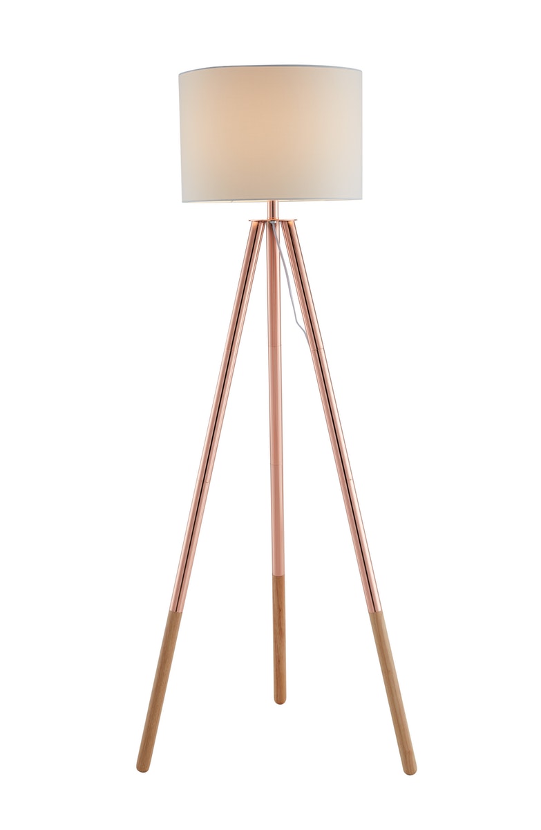 Salesfever Stilvolle Kupfer / Eiche Stehlampe Tripod Auslauf