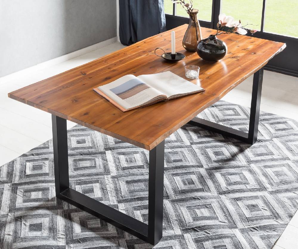 Salesfever Esstisch 140 x 80 cm Baumkante Akazie massiv cognac schwarz LANDO Rabatt