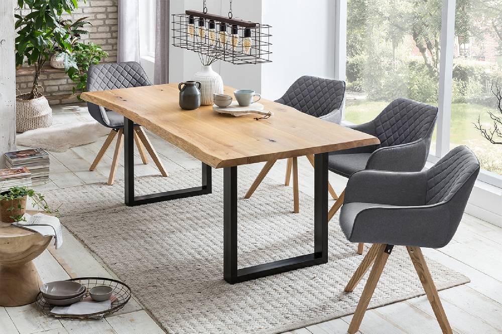 Salesfever Esstisch 160 x 90 cm Baumkante 40 mm Eiche Massiv U-Gestell schwarz ORKA Heißer Verkauf