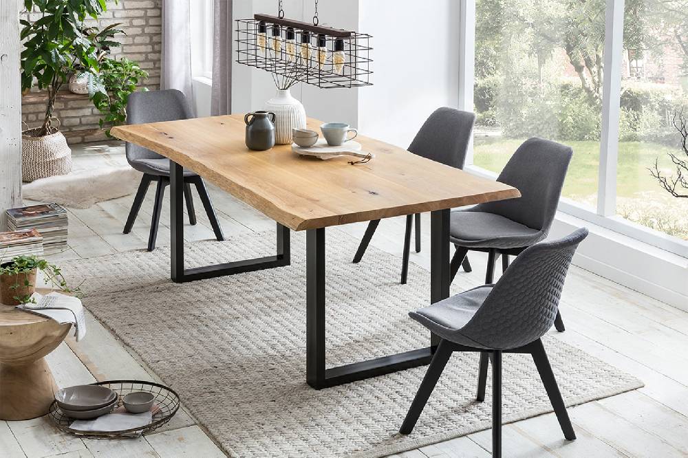 Salesfever Esstisch 160 x 90 cm Baumkante 40 mm Eiche Massiv U-Gestell schwarz ORKA Heißer Verkauf
