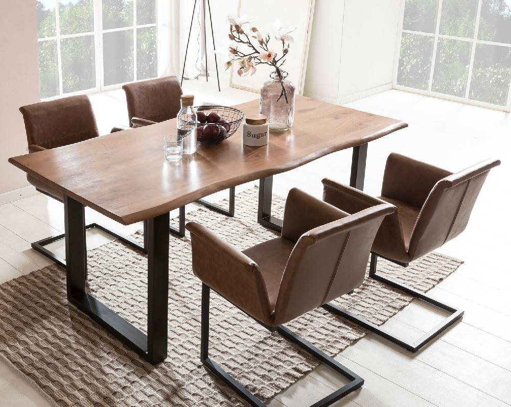 Salesfever Baumkantentisch Stühle hellbraun Essgruppe 160 cm massiv NUSSBAUM 5tlg GAIA Große Rabatte