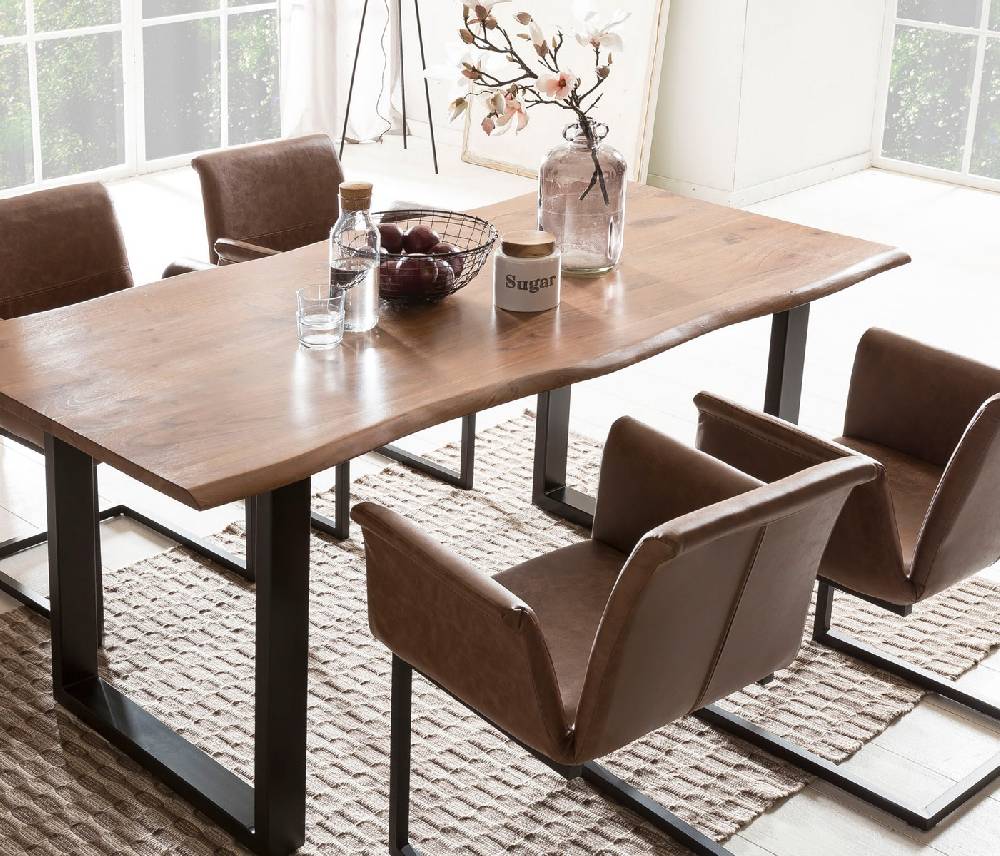 Salesfever Baumkantentisch Stühle hellbraun Essgruppe 160 cm massiv NUSSBAUM 5tlg GAIA Große Rabatte