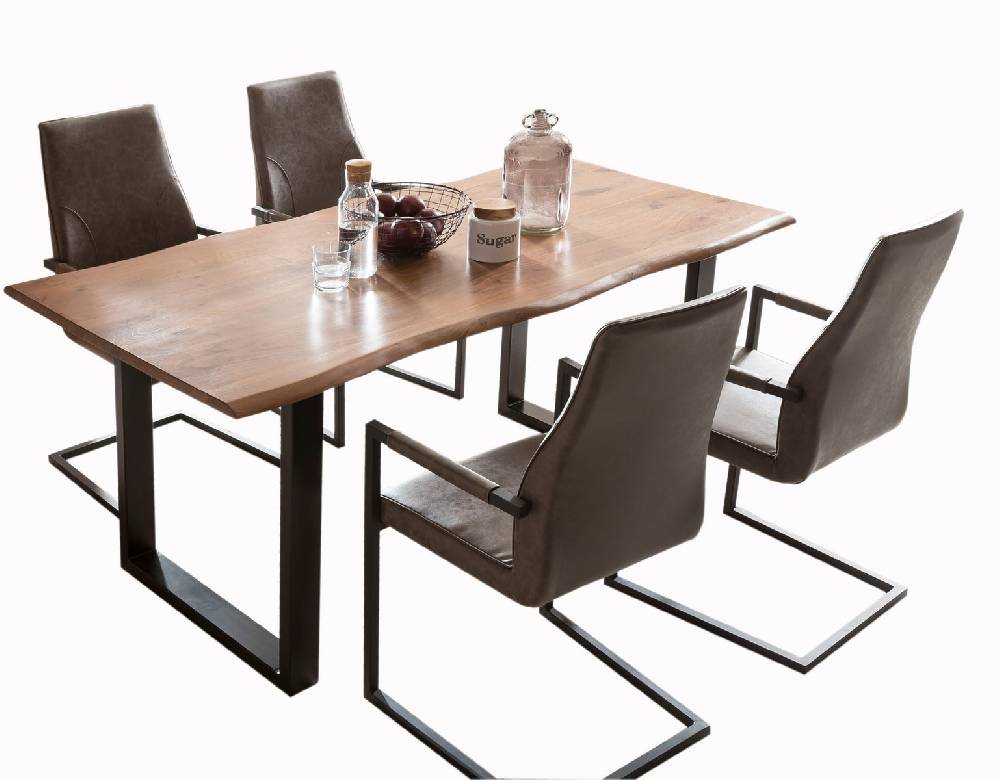 Salesfever Baumkantentisch Stühle dunkelbraun 160 cm massiv NUSSBAUM 5tlg GIADA Räumungsverkauf