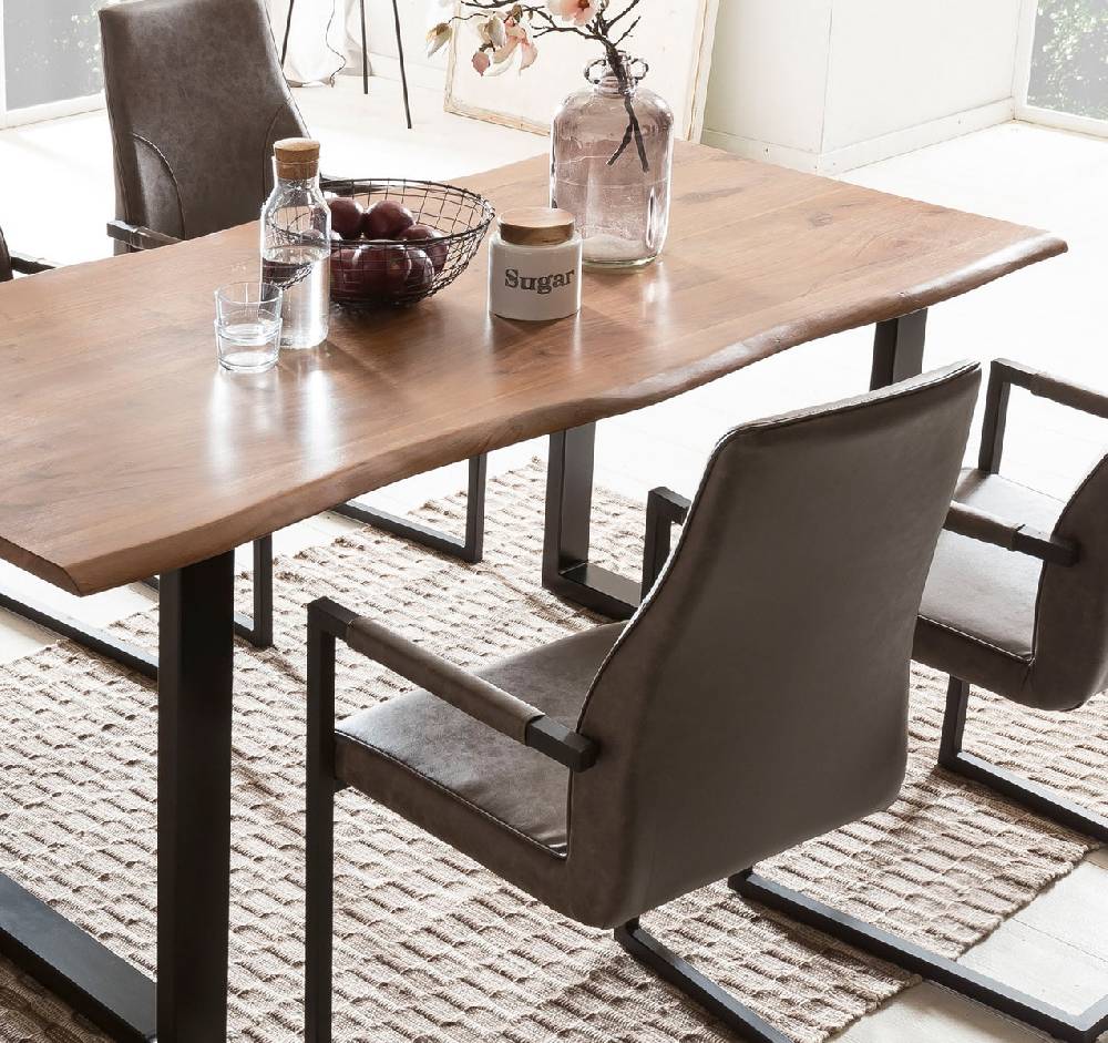 Salesfever Baumkantentisch Stühle dunkelbraun 160 cm massiv NUSSBAUM 5tlg GIADA Räumungsverkauf