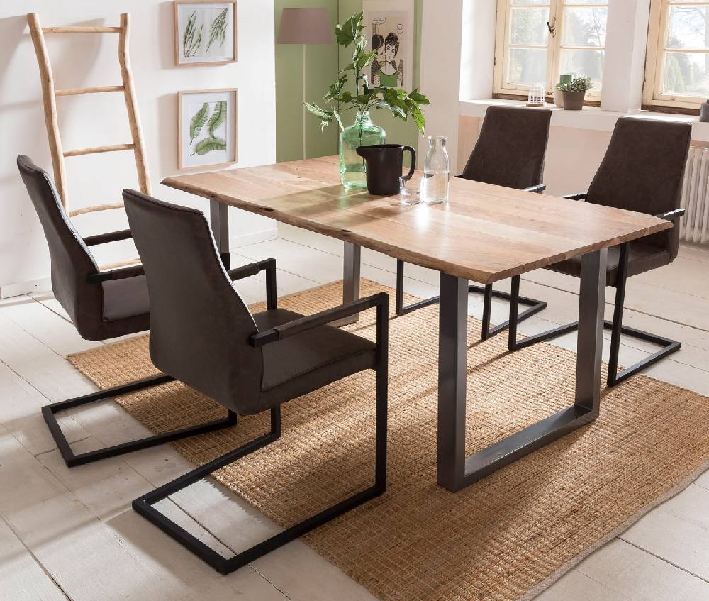 Salesfever Baumkantentisch Stühle dunkelbraun 160 cm massiv NATUR 5tlg GIADA Tägliche Deals