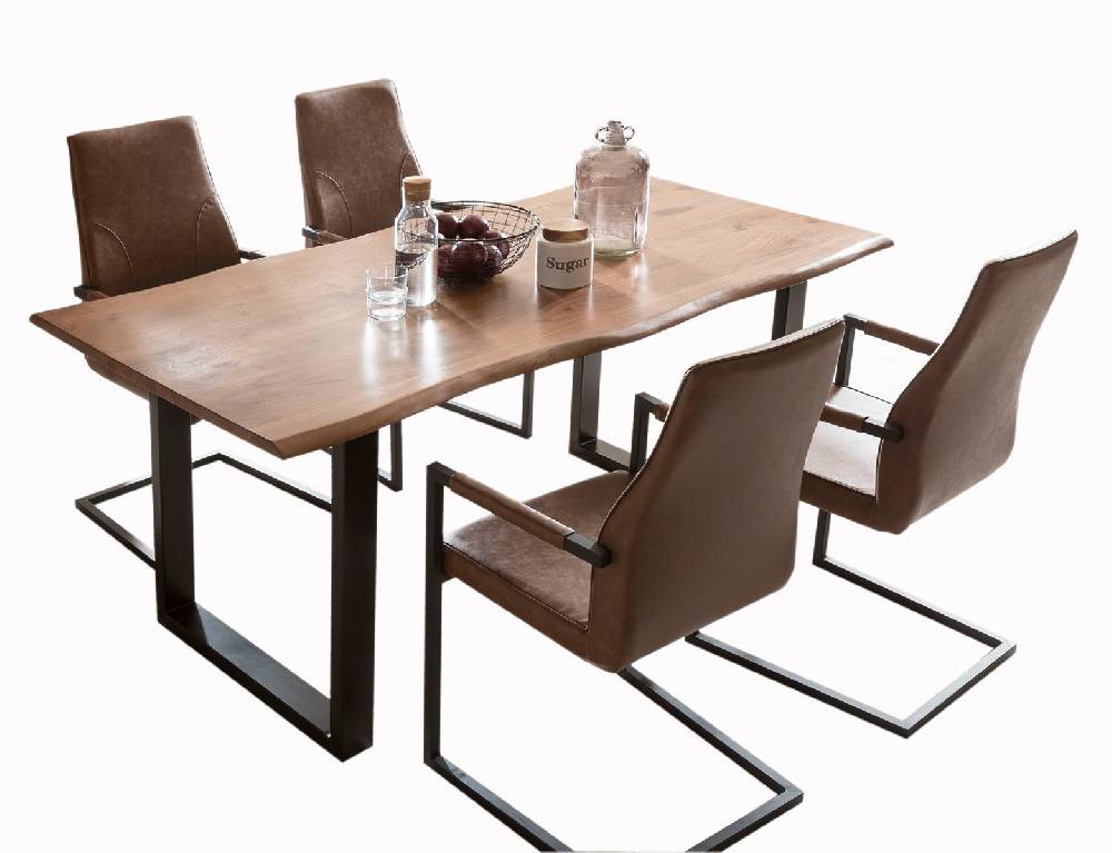 Salesfever Baumkantentisch Stühle hellbraun 180 cm massiv NUSSBAUM 5tlg GIADA Neueste Stile