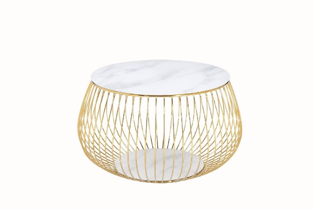 Salesfever Couchtisch Weiß & Gold mit Metallkorb Ø 72 cm Marmoroptik Viola 2025