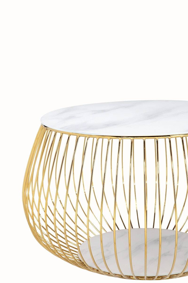 Salesfever Couchtisch Weiß & Gold mit Metallkorb Ø 72 cm Marmoroptik Viola 2025
