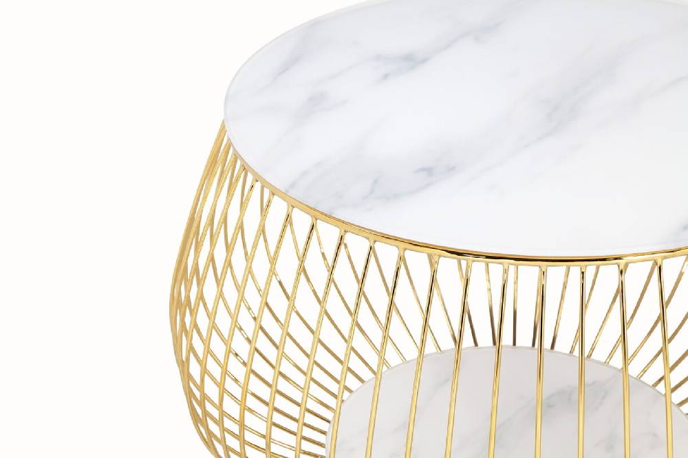 Salesfever Couchtisch Weiß & Gold mit Metallkorb Ø 72 cm Marmoroptik Viola 2025