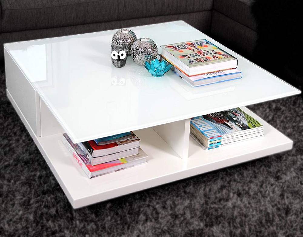 Salesfever Couchtisch weiß 100x100 cm Holz Glas mit Schublade Clara Schlussverkauf
