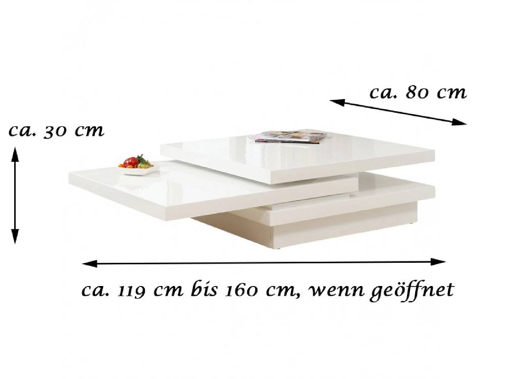 Salesfever Couchtisch weiß hochglanz 360° 119 - 160 cm Wohnzimmertisch GIACO Exklusivangebot