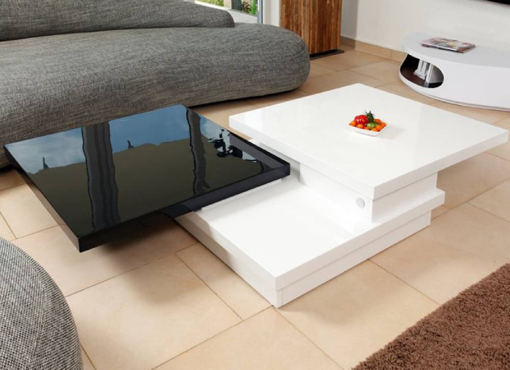 Salesfever Couchtisch weiß - schwarz hochglanz 360° 119 - 160 cm Wohnzimmertisch GIACO Preisnachlass