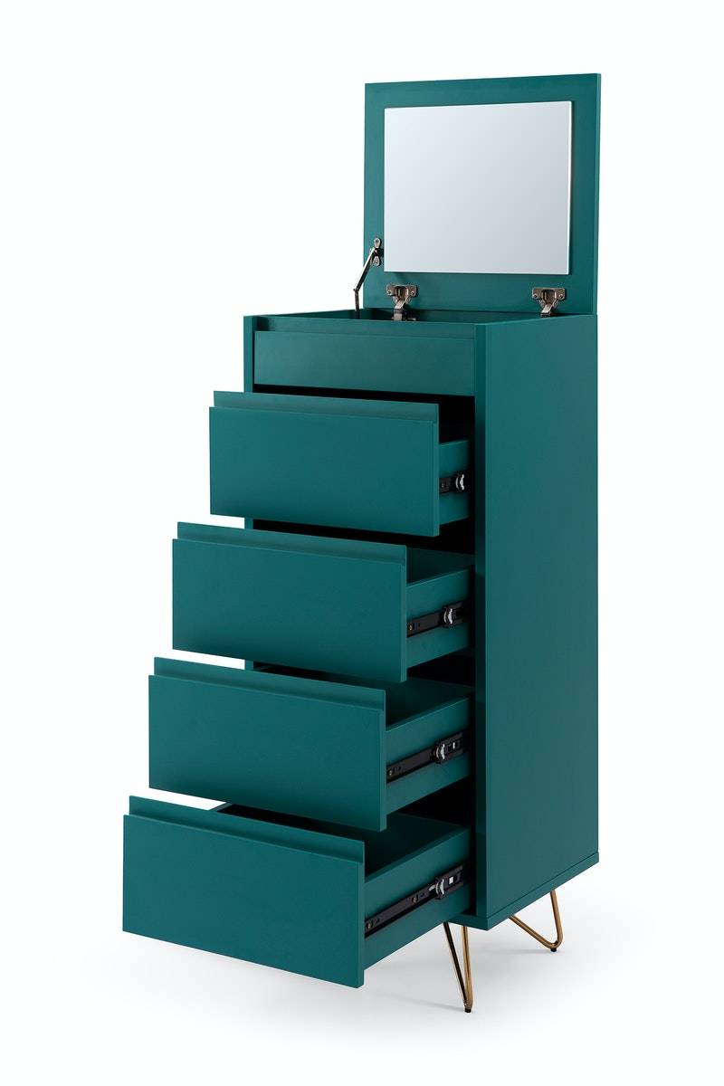 Salesfever Kommode Blau hoch mit 4 Schubladen und Spiegel Beine Messing LOTTA Weihnachtsangebot