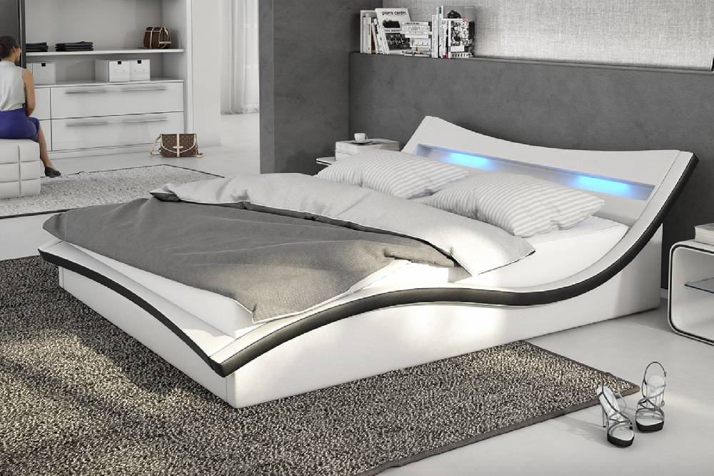 Salesfever Polsterbett 140x200 cm weiß schwarz Doppelbett LED Beleuchtung MAGARI Letzte 3 Tage
