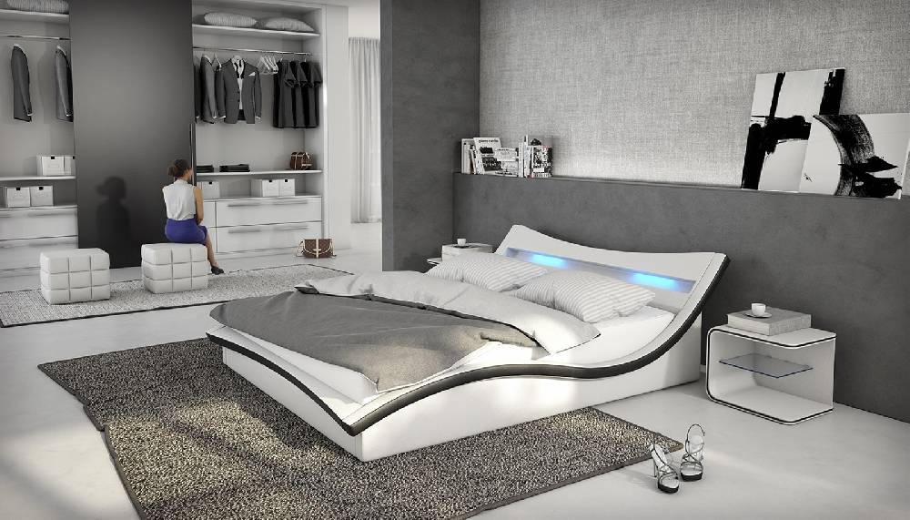 Salesfever Polsterbett 140x200 cm weiß schwarz Doppelbett LED Beleuchtung MAGARI Letzte 3 Tage