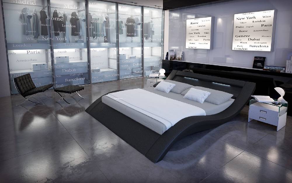 Salesfever Polsterbett 140x200 cm schwarz Doppelbett LED Beleuchtung LOOK Letzter Tag