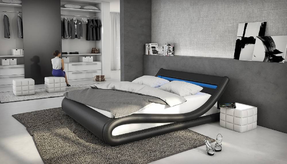 Salesfever Polsterbett 140x200 cm schwarz weiß Doppelbett LED Beleuchtung BELLUGIA Riesige Rabatte