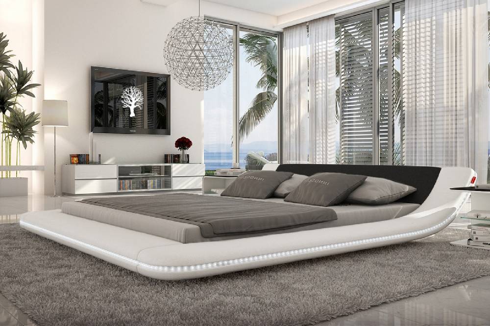 Salesfever Polsterbett 180x200 cm weiß schwarz Doppelbett LED CUSTO Kostenloser Versand international