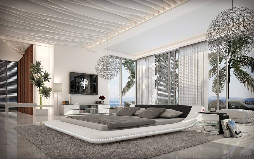 Salesfever Polsterbett 180x200 cm weiß schwarz Doppelbett LED CUSTO Kostenloser Versand international