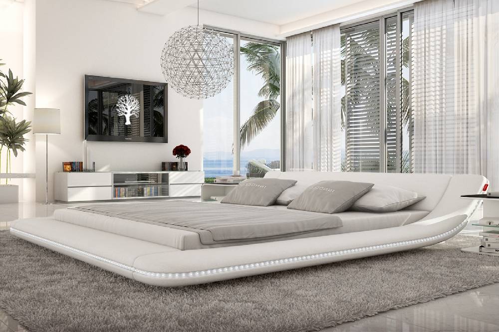 Salesfever Polsterbett 140x200 cm weiß Doppelbett LED Beleuchtung CUSTO Fabrikladen