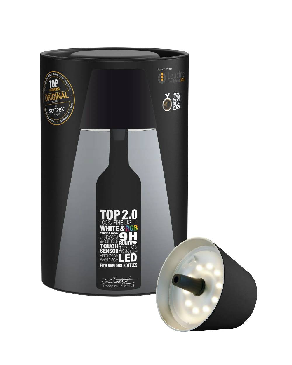 Sompex TOP 2.0 - schwarz, Akku-Flaschenleuchte Begrenzt auf 3 Tage