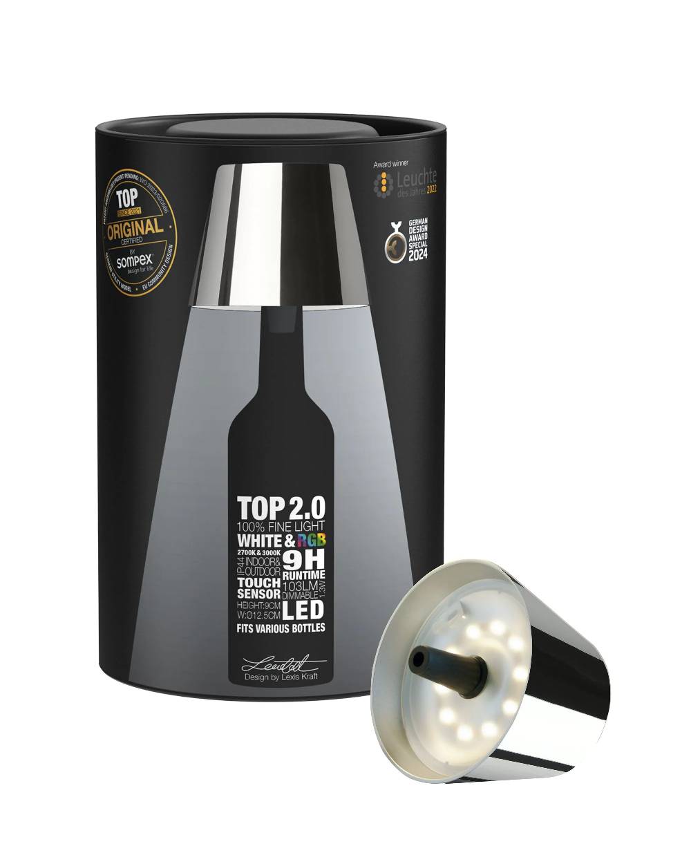 Sompex TOP 2.0 - chrom, Akku-Flaschenleuchte Vierteljährliche Förderung