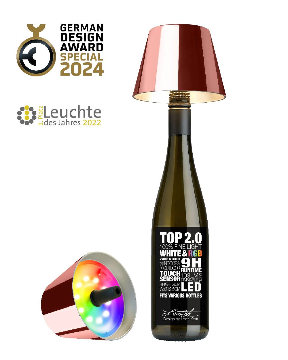 Sompex TOP 2.0 - roségold, Akku-Flaschenleuchte
